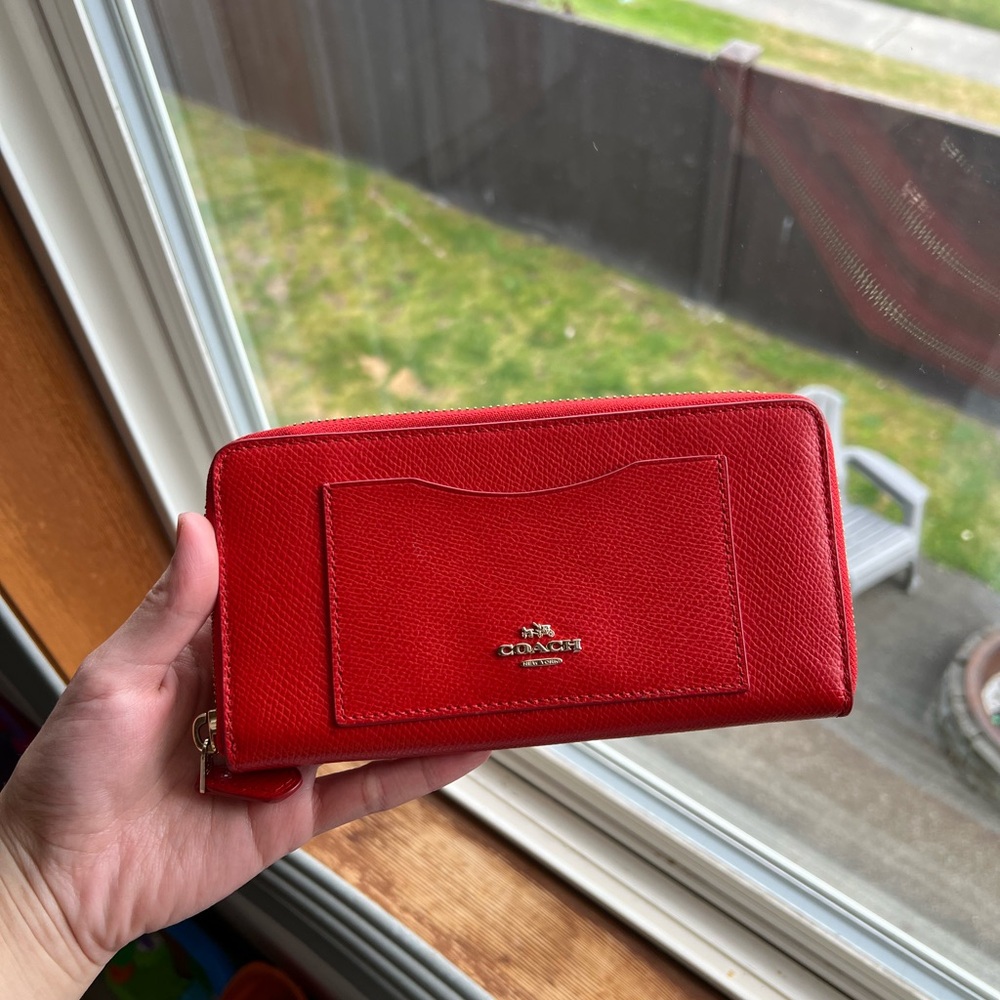 Coach Red Leather Long Zip Wallet with Gold Logo